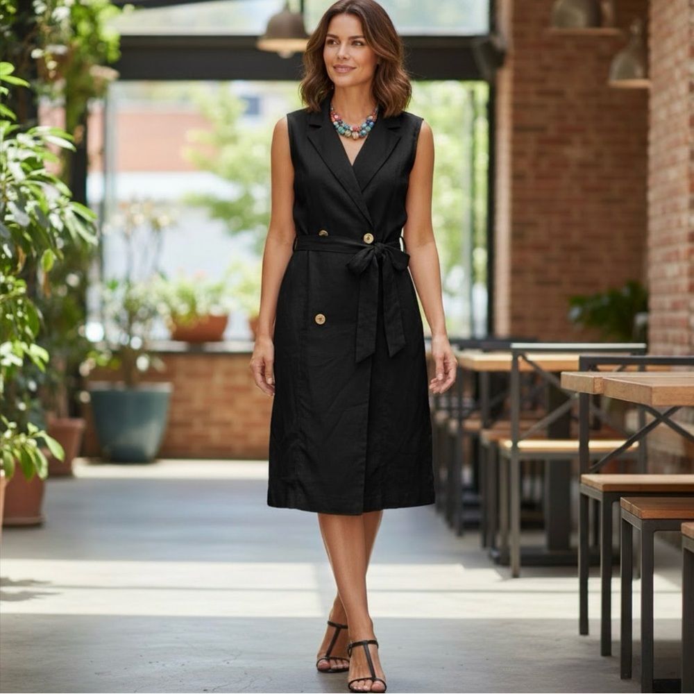 🟡 Love Tree Black Sleeveless Belted Double Breasted Linen Blend Midi Dress